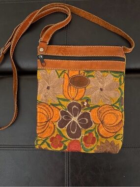 Vintage Orange and Brown Floral Embroidered Crossbody Bag